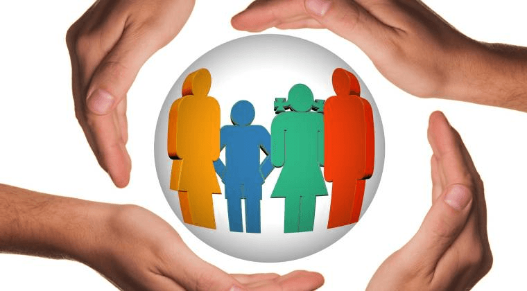 Illustration of a family inside a sphere with hands cupped protectively around it, symbolising care and safeguarding